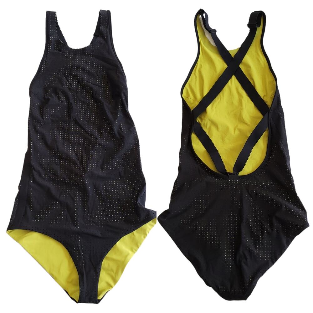 WARD WHILLAS Palmer reversible perforated one piece swimsuit black pea green XS